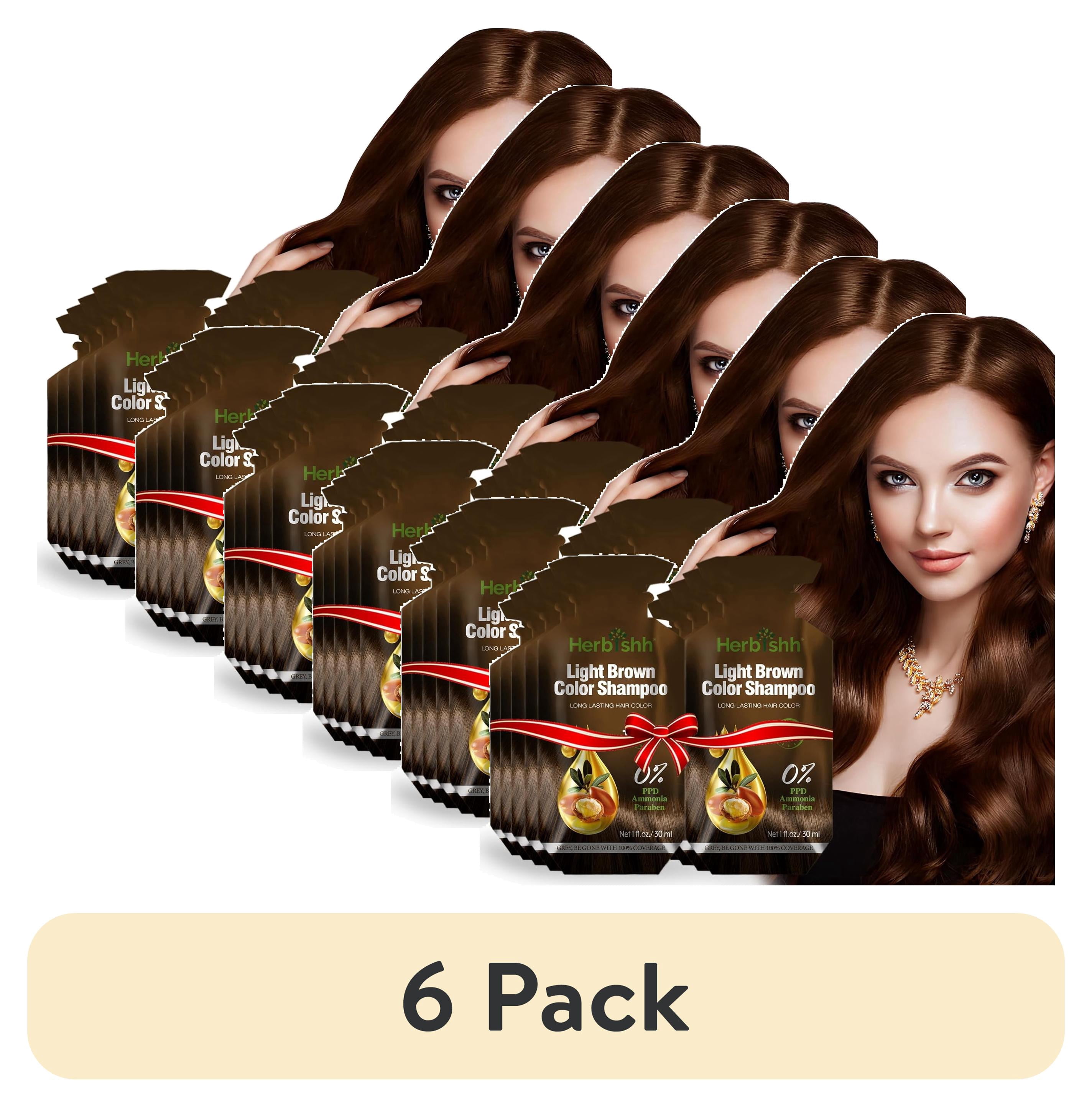 (6 pack) Herbishh Hair Color Shampoo 10 Sachet +1 Argan Hair Mask Pouch | 3 in 1 Hair Dye | PPD Free | Easy to Use | Gray Coverage | Travel Size | Available in 6 Colors | (Light Brown)