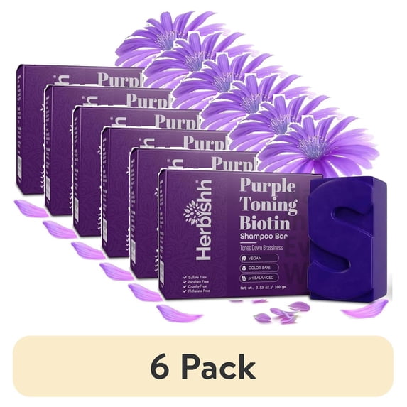 (6 pack) Herbishh Purple Shampoo Bar for Blonde Hair with Biotin –Strengthen & Add Shine, For Grey Coverage, Color-treated & Highlighted Hair, Vegan & Sulfate-Free, 3.53 oz