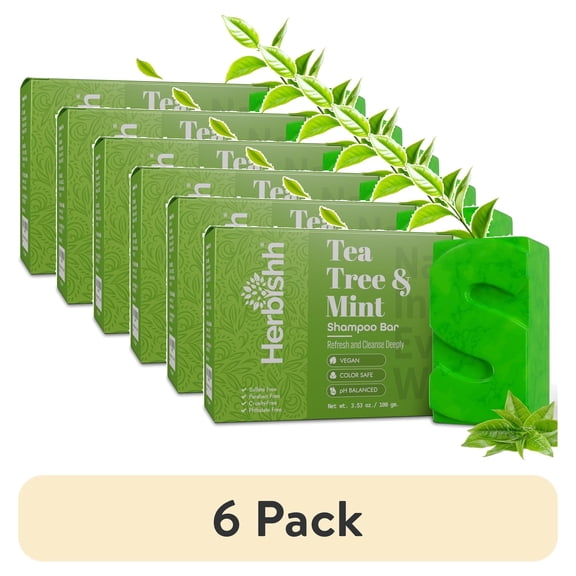 (6 pack) Herbishh Tea Tree & Mint Shampoo Bar – Tea Tree Oil Soap Bar for Oily Hair & Scalp Cleanse – Solid Travel Size Shampoo for Men & Women – Minty Deep Cleansing, 3.53 oz