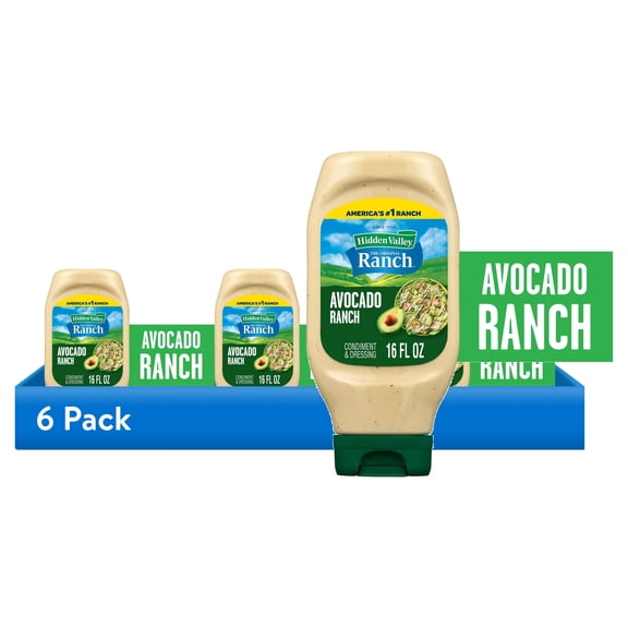 (6 pack) Hidden Valley Avocado Ranch Topping and Dressing, 16 fl oz Easy Squeeze Bottle