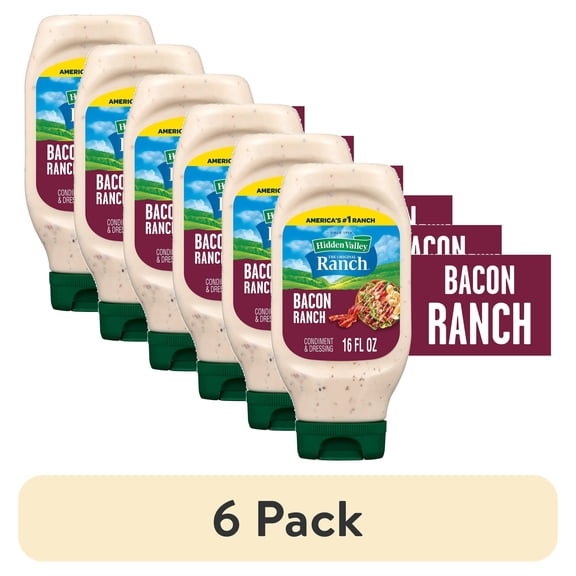 (6 pack) Hidden Valley Bacon Ranch Topping and Dressing, 16 fl oz Easy Squeeze Bottle