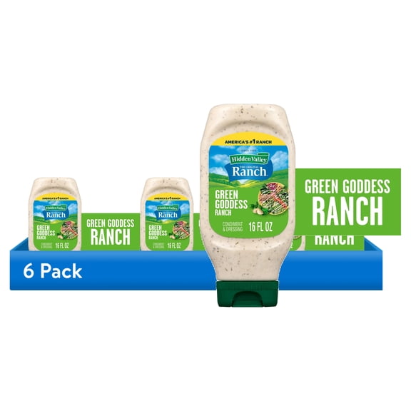 (6 pack) Hidden Valley Green Goddess Ranch Topping and Dressing, 16 fl oz Easy Squeeze Bottle