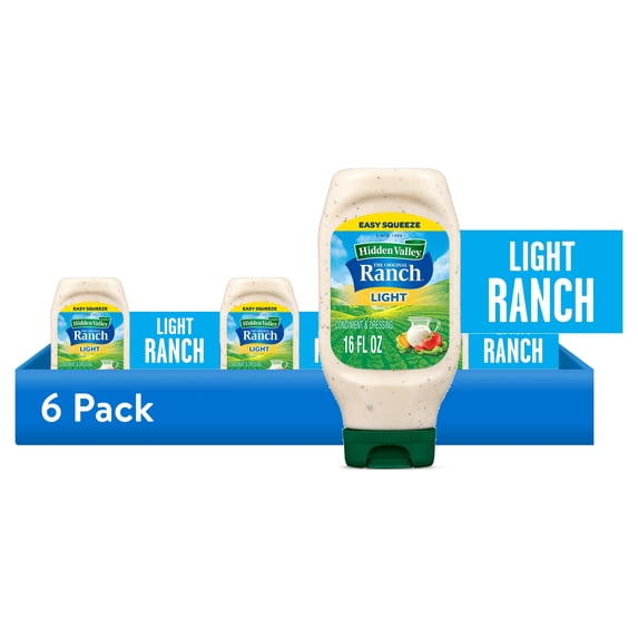 (6 pack) Hidden Valley Light Ranch Salad Dressing & Condiment, 16 fl oz Squeeze Bottle