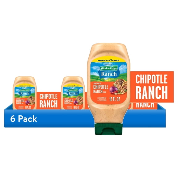 (6 pack) Hidden Valley Southwest Chipotle Ranch Topping and Dressing, 16 fl oz Easy Squeeze Bottle