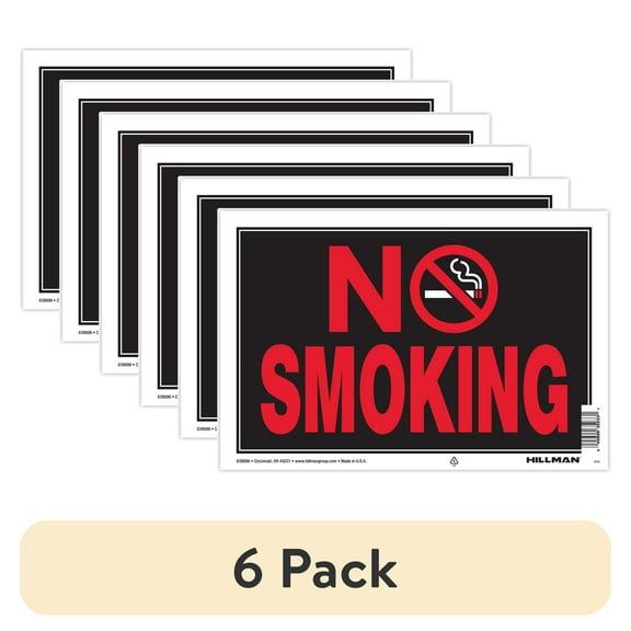(6 pack) Hillman Group 8" x 12" No Smoking Sign, Black and Red, Plastic - 1 Sign