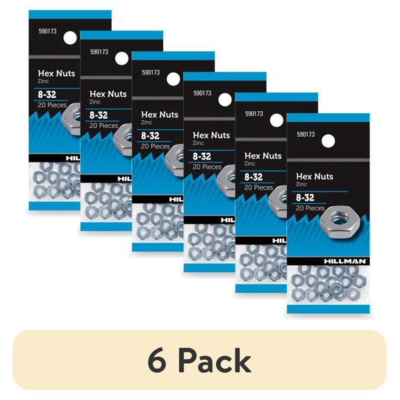 (6 pack) Hillman Hex Nuts #8-32 Screw Thread, Zinc Finish, Steel, Pack of 20