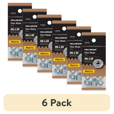 (6 pack) Hillman Hex Nuts M6X1.00, Metric, Zinc Finish, Steel, 10 Pieces