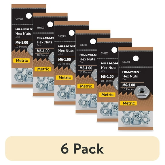 (6 pack) Hillman Hex Nuts M6X1.00, Metric, Zinc Finish, Steel, 10 Pieces