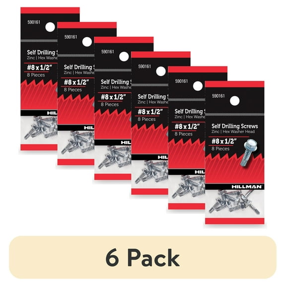 (6 pack) Hillman Self Drilling Screws #8 x 1/2", Steel, Zinc, Interior, Hex, Silver, 8 pack