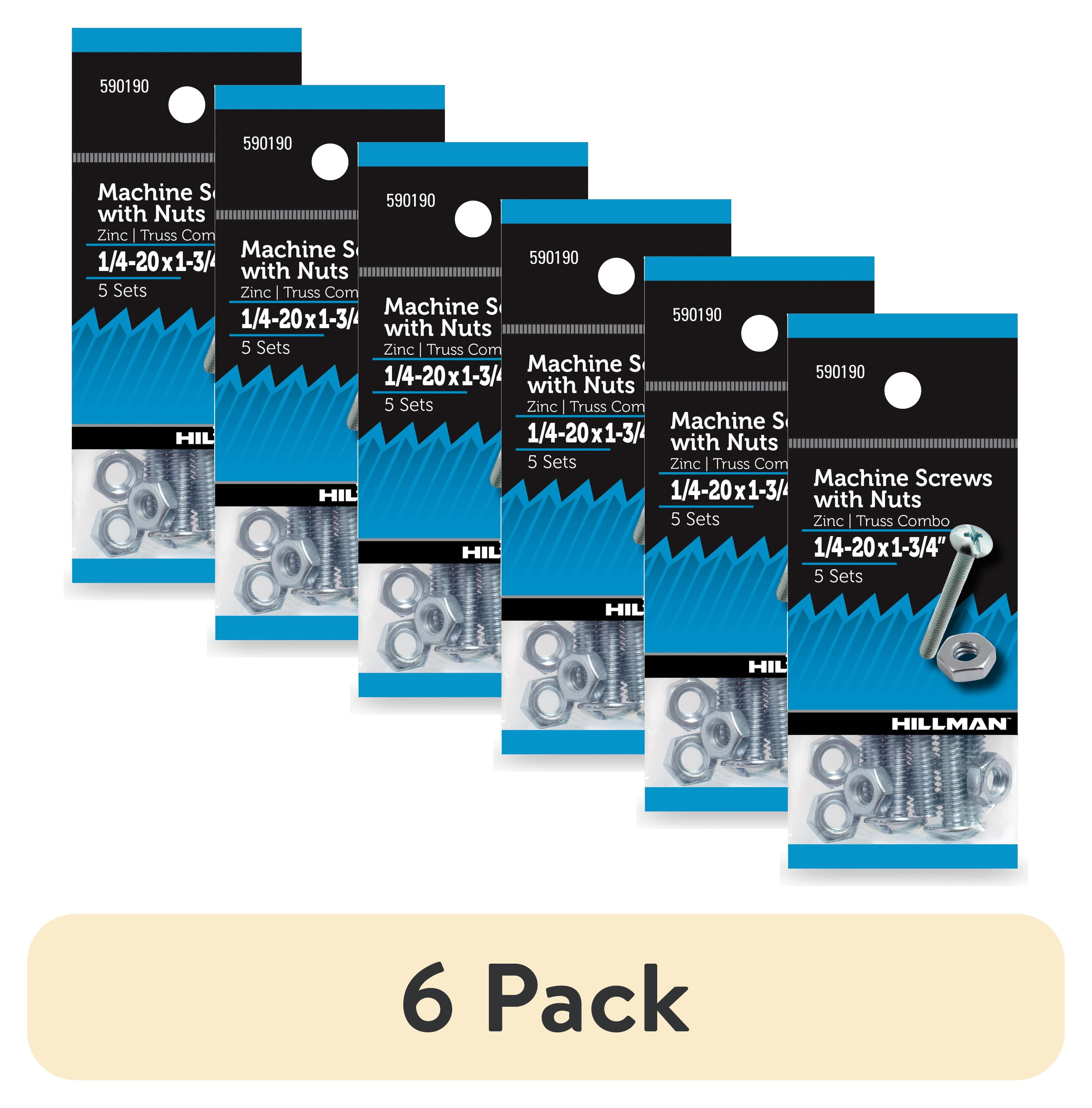 (6 pack) Hillman Machine Screws w/ Nuts 1/4"-20 x 1-3/4", Steel, Zinc, Interior Truss Head, Silver, 5 sets