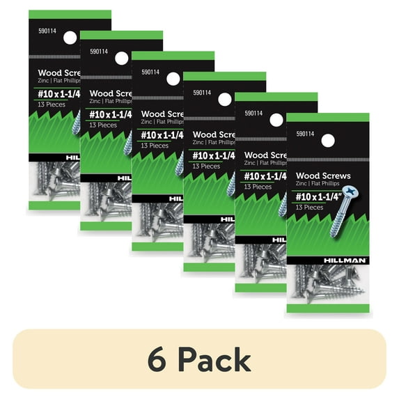 (6 pack) Hillman Wood Screws, #10 x 1-1/4", Steel, Zinc, Interior Screw, Phillips, Silver, 13 pack