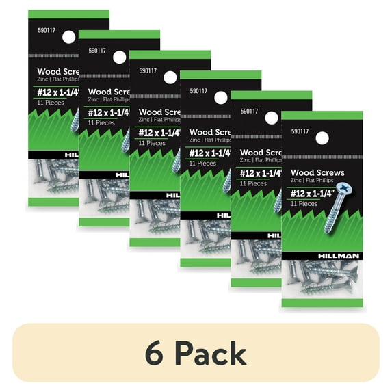 (6 pack) Hillman Wood Screws, #12 x 1-1/4", Steel, Zinc, Interior Screw, Phillips, Silver, 11 pack