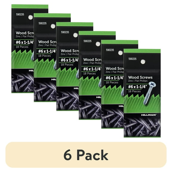 (6 pack) Hillman Wood Screws, #6 x 1-1/4", Steel, Zinc, Flat Phillips, Silver, 10 pack