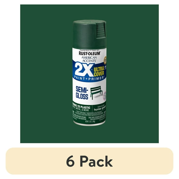 (6 pack) Hunter Green, Rust-Oleum American Accents 2X Ultra Cover Semi-Gloss Spray Paint-327952, 12 oz