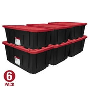 6 pack Hyper Tough 27 Gallon Large Storage Bin with Snap Lid, Black and Red, Heavy Duty Plastic Storage Container