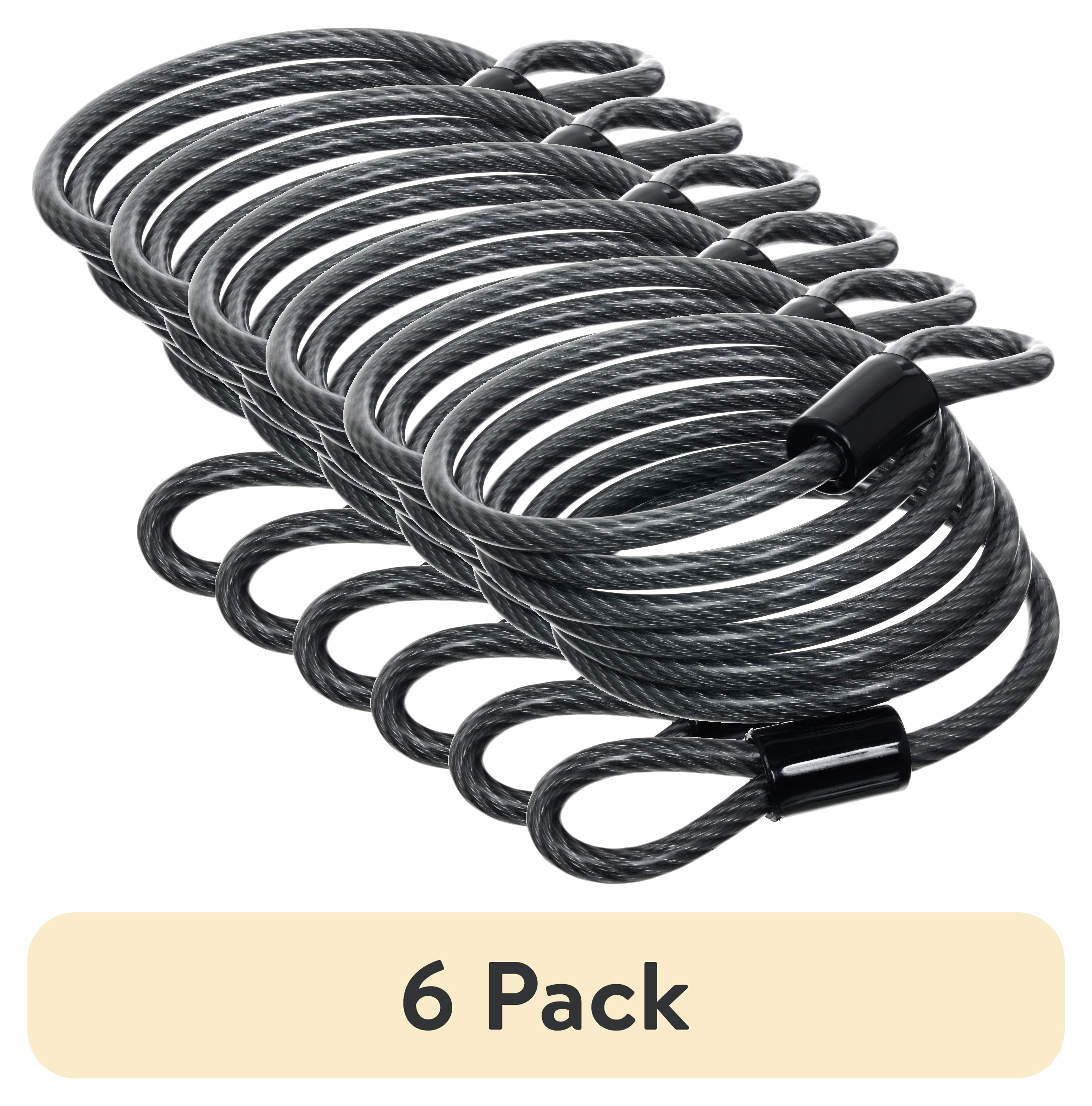 (6 pack) Hyper Tough 6 ft Braided Steel Security Cable, Vinyl Coated Open Loop Cable Lock, 1/4 in. Diameter, Weather Resistant