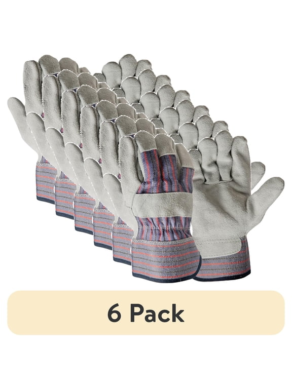 (6 pack) Hyper Tough Leather Palm Multi-Use Work Gloves, Large, Glacier Gray, 1 Pair