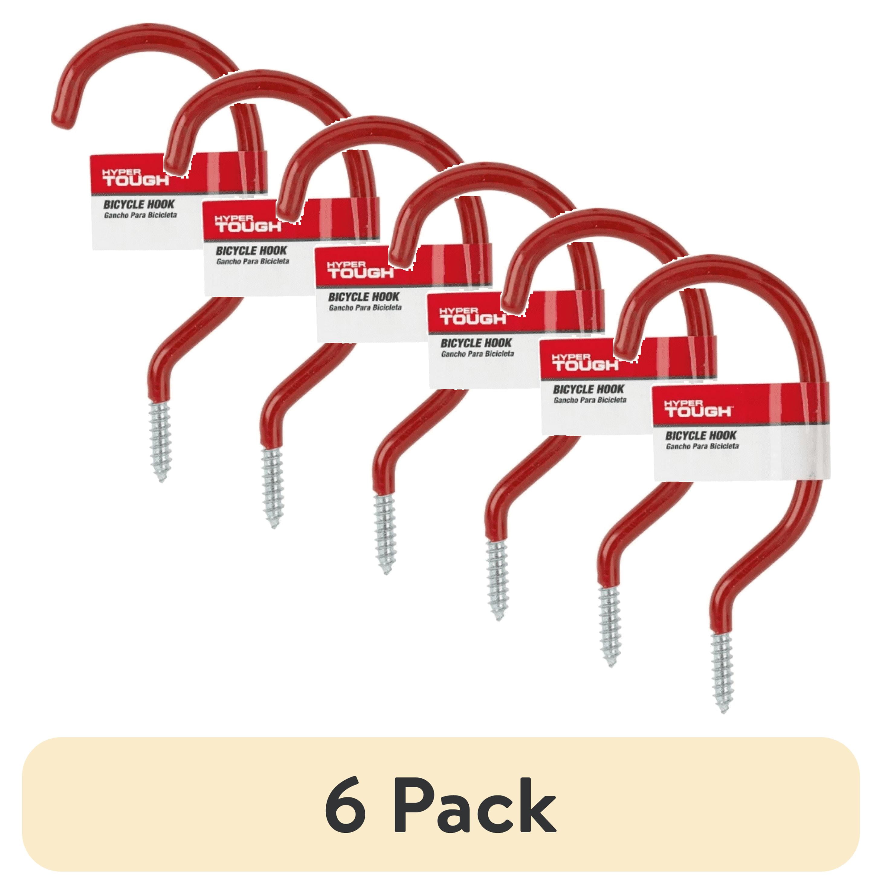 6 pack) Hyper Tough Screw-in Vinyl Coated Bicycle Hook, Red, 2.75