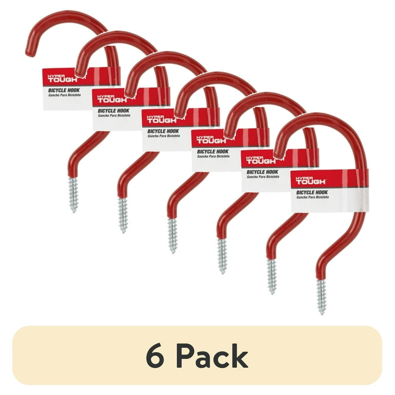 6 pack) Hyper Tough Screw-in Vinyl Coated Bicycle Hook, Red, 2.75