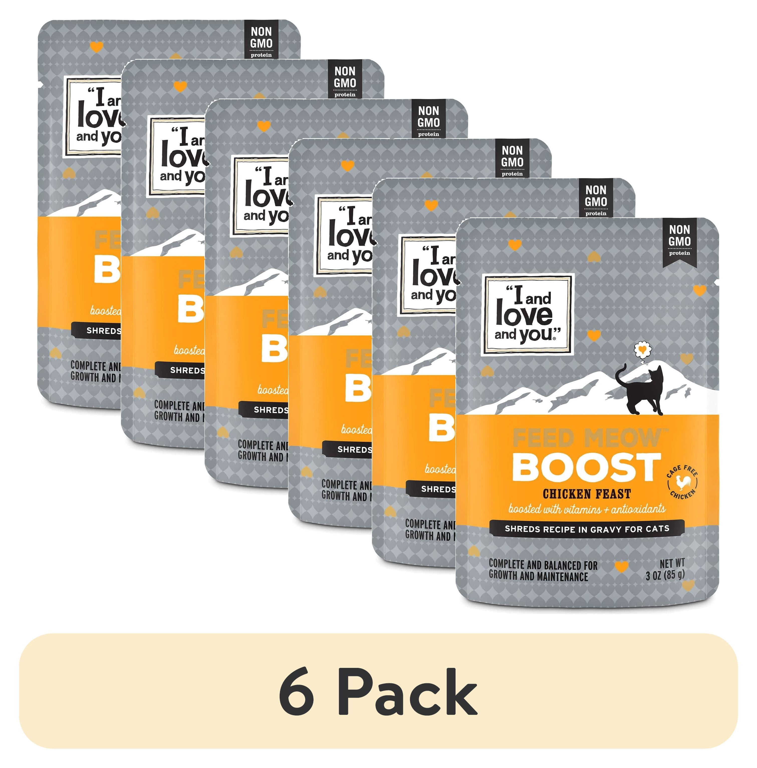 (6 pack) "I and love and you" Feed Meow Wet Cat Food, Boost Formula with Chicken, Vitamins and Antioxidants, Grain Free, No Fillers, 3 oz. Pouch
