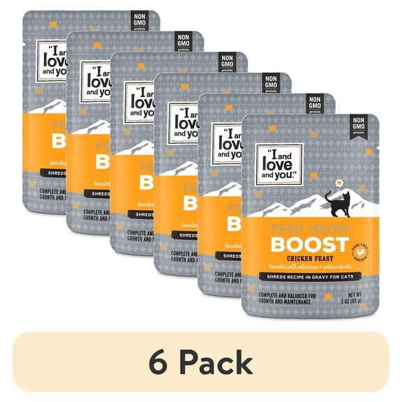 (6 pack) "I and love and you" Feed Meow Wet Cat Food, Boost Formula with Chicken, Vitamins and Antioxidants, Grain Free, No Fillers, 3 oz. Pouch