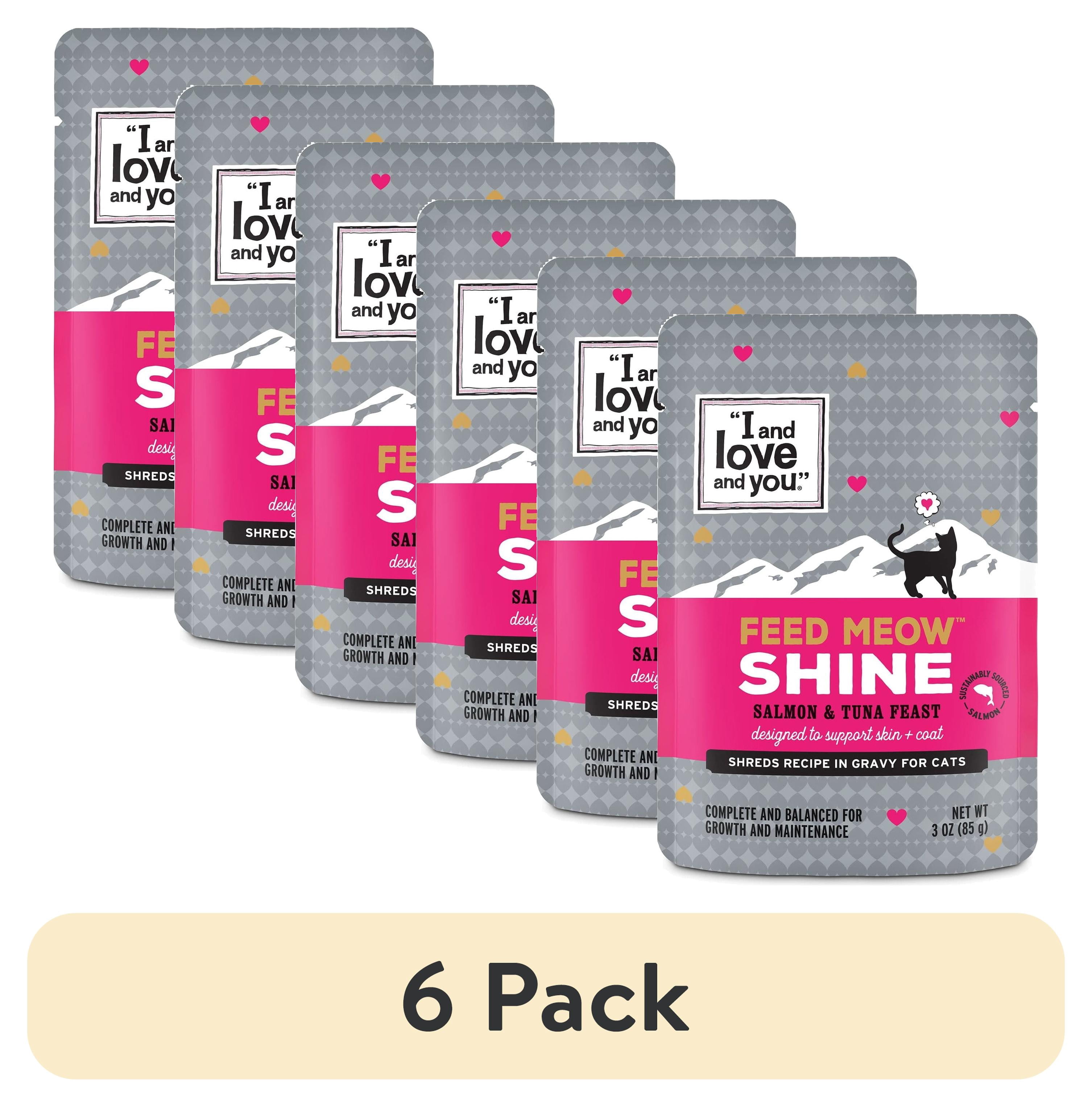 (6 pack) "I and love and you" Feed Meow Wet Cat Food Toppers, Shine Formula with Salmon and Tuna, Omegas 3 and 6 for Healthy Skin and Coat, Grain Free, No Fillers, 3oz Pouches, Pack of 12 Pouches