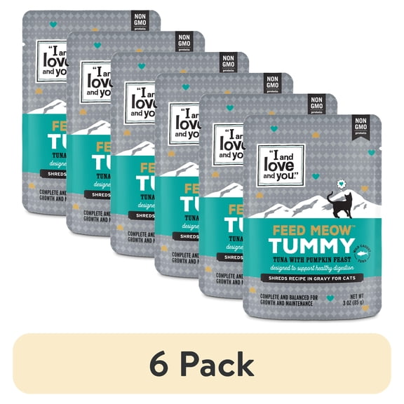 (6 pack) "I and love and you" Feed Meow Wet Cat Food Toppers, Tummy Formula with Tuna and Pumpkin, Digestive Support, Grain Free, No Fillers, Prebiotics and Probiotics, 3oz Pouch