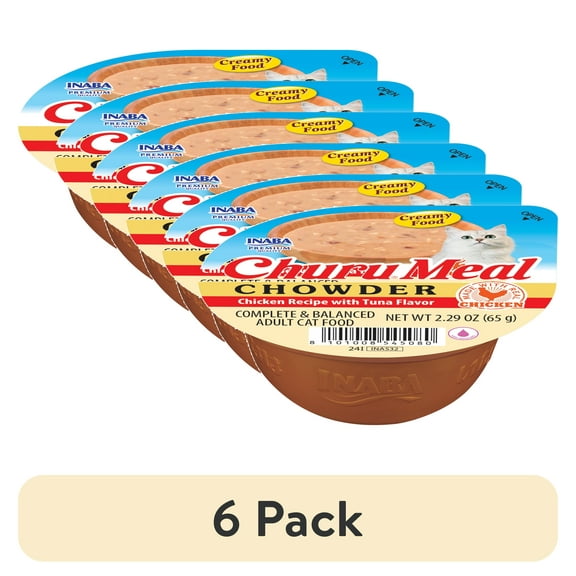 (6 pack) INABA Churu Meal Chowder Adult Wet Cat Food, 2.29 oz cup, Chicken Recipe with Tuna Flavor