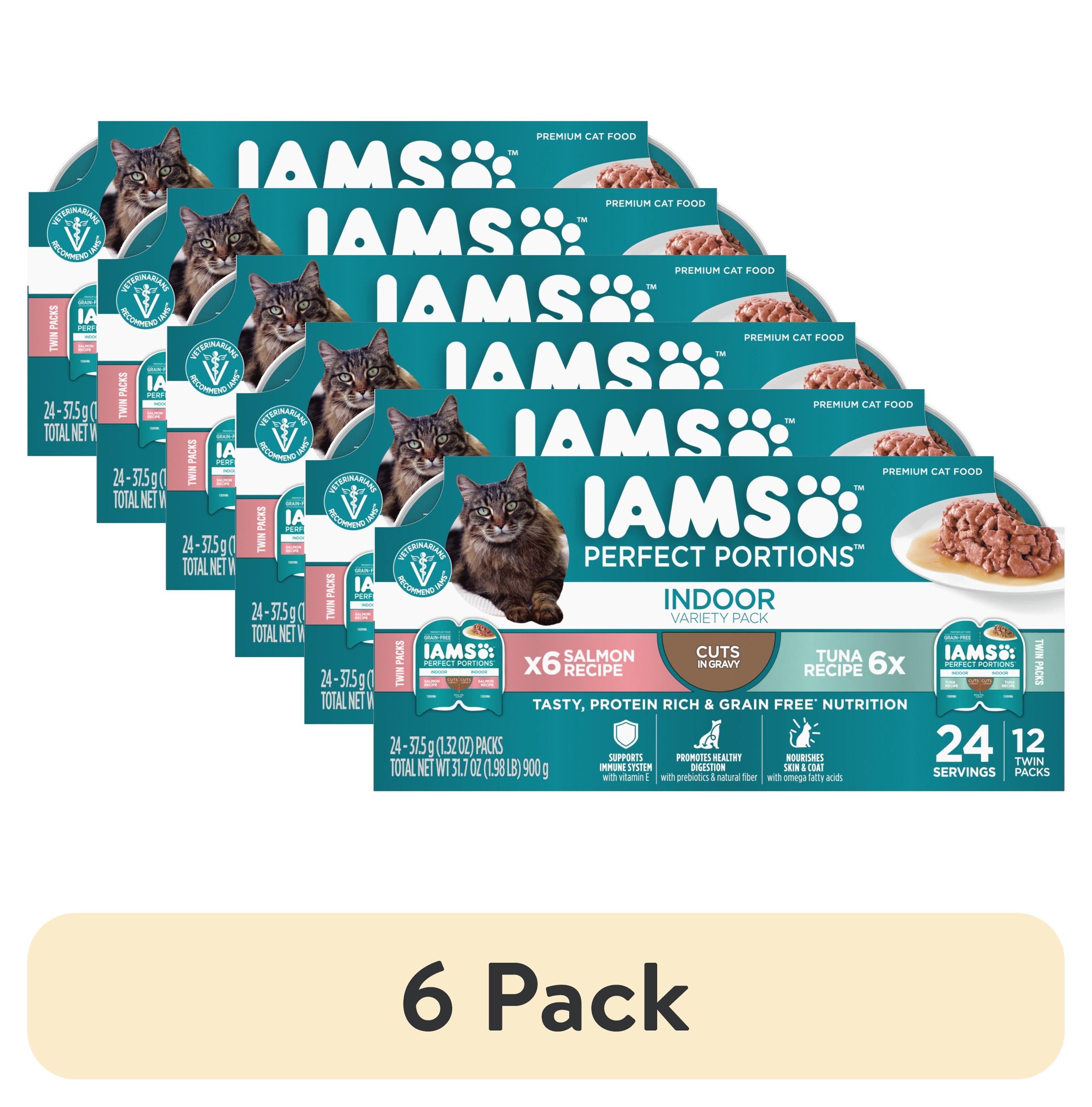 (6 pack) Iams Perfect Portions Indoor Grain Free Wet Cat Food Cuts in Gravy Variety Pack Tuna Recipe Salmon Recipe 2.6 oz Twin Pack Trays