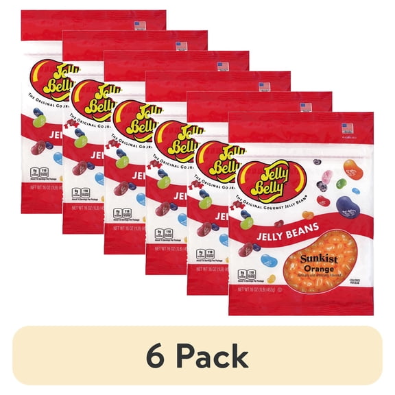 (6 pack) Jelly Belly Sunkist Orange Jelly Beans - 1 Pound (16 Ounces), Fresh Orange Flavor, Resealable Bag