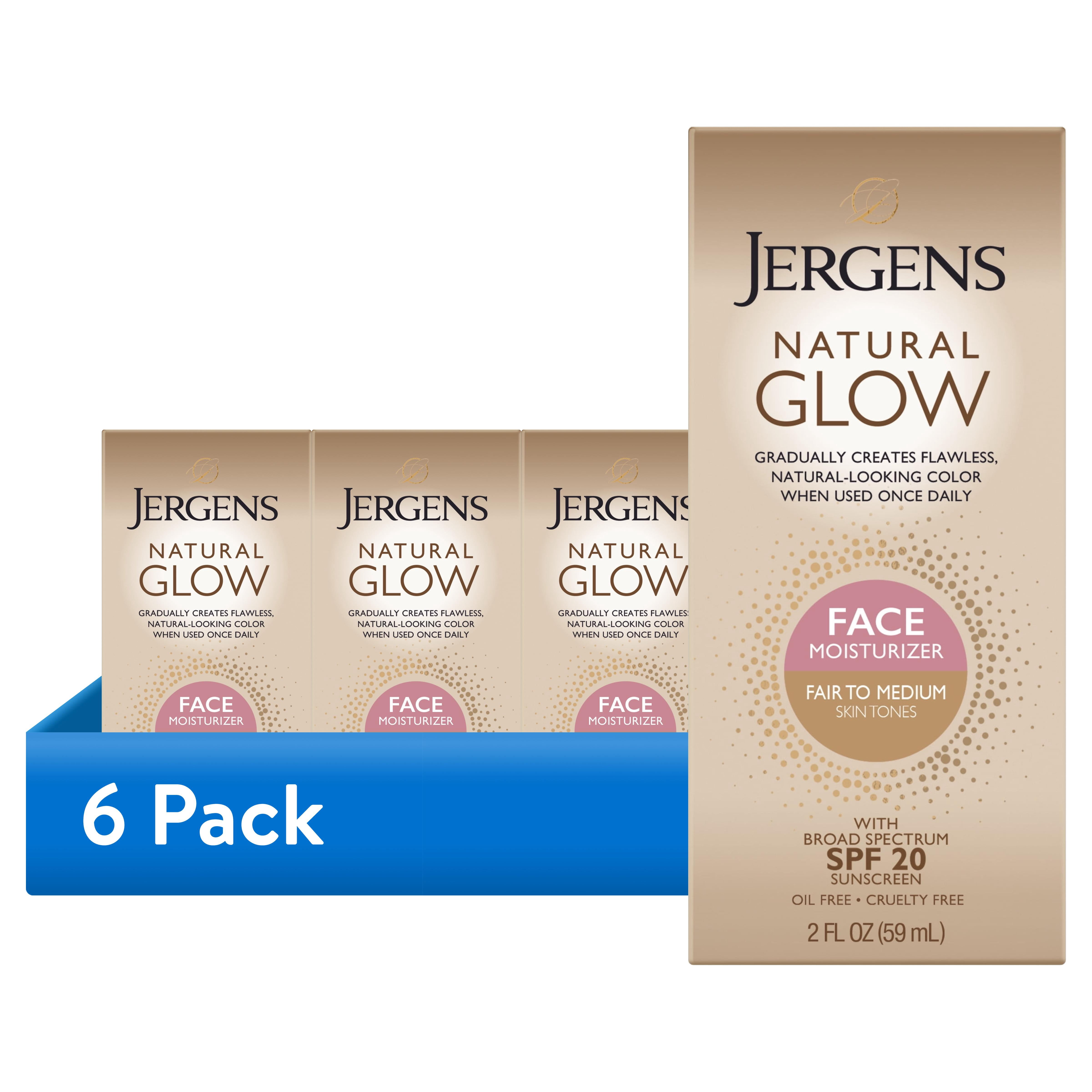(6 pack) Jergens Natural Glow Face Moisturizer Fair to Medium, SPF 20 Self Tanner, Sunscreen, 2 fl oz