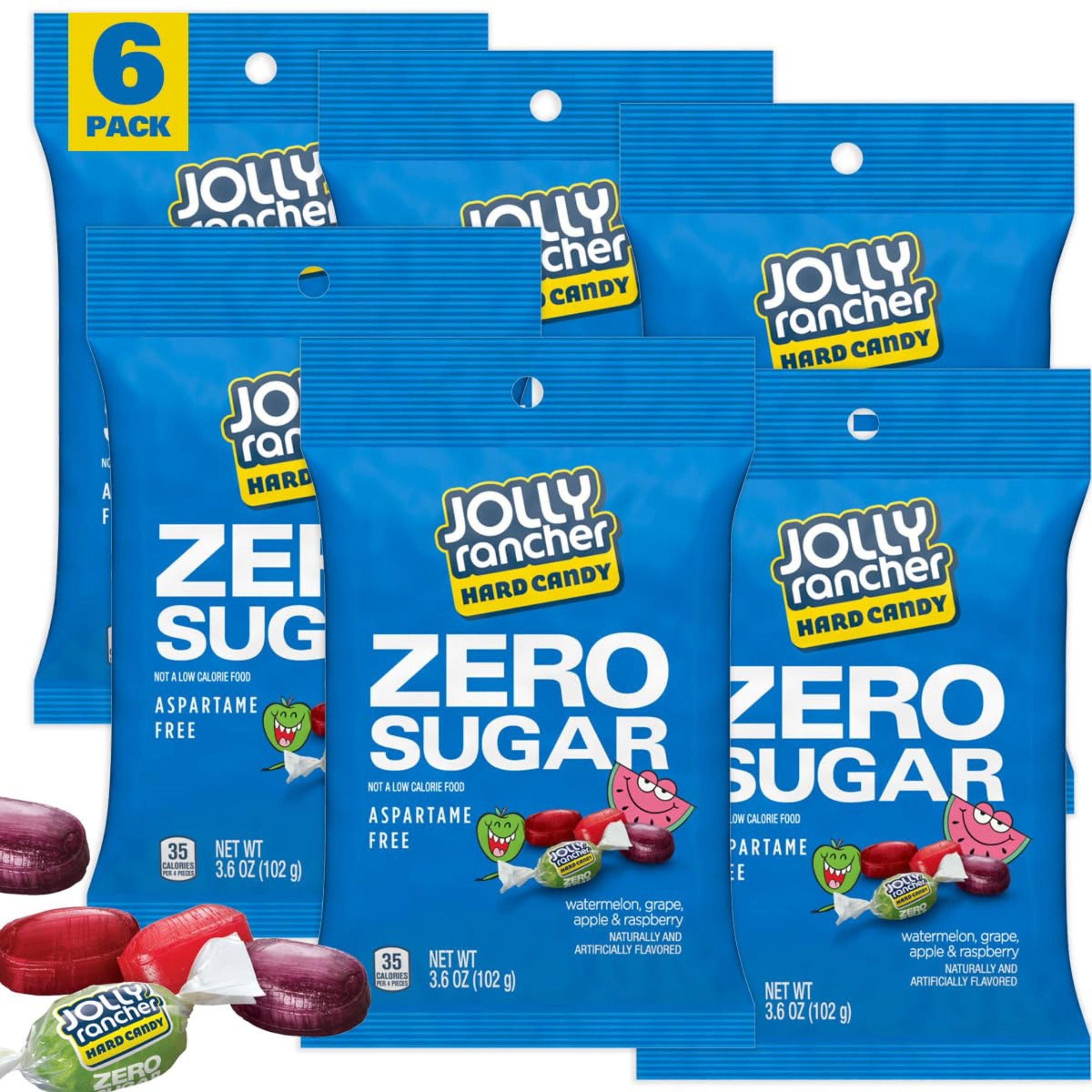 (6 pack) Jolly Rancher Zero Sugar Assorted Fruit Flavored Hard Candy, Bag 3.6 oz