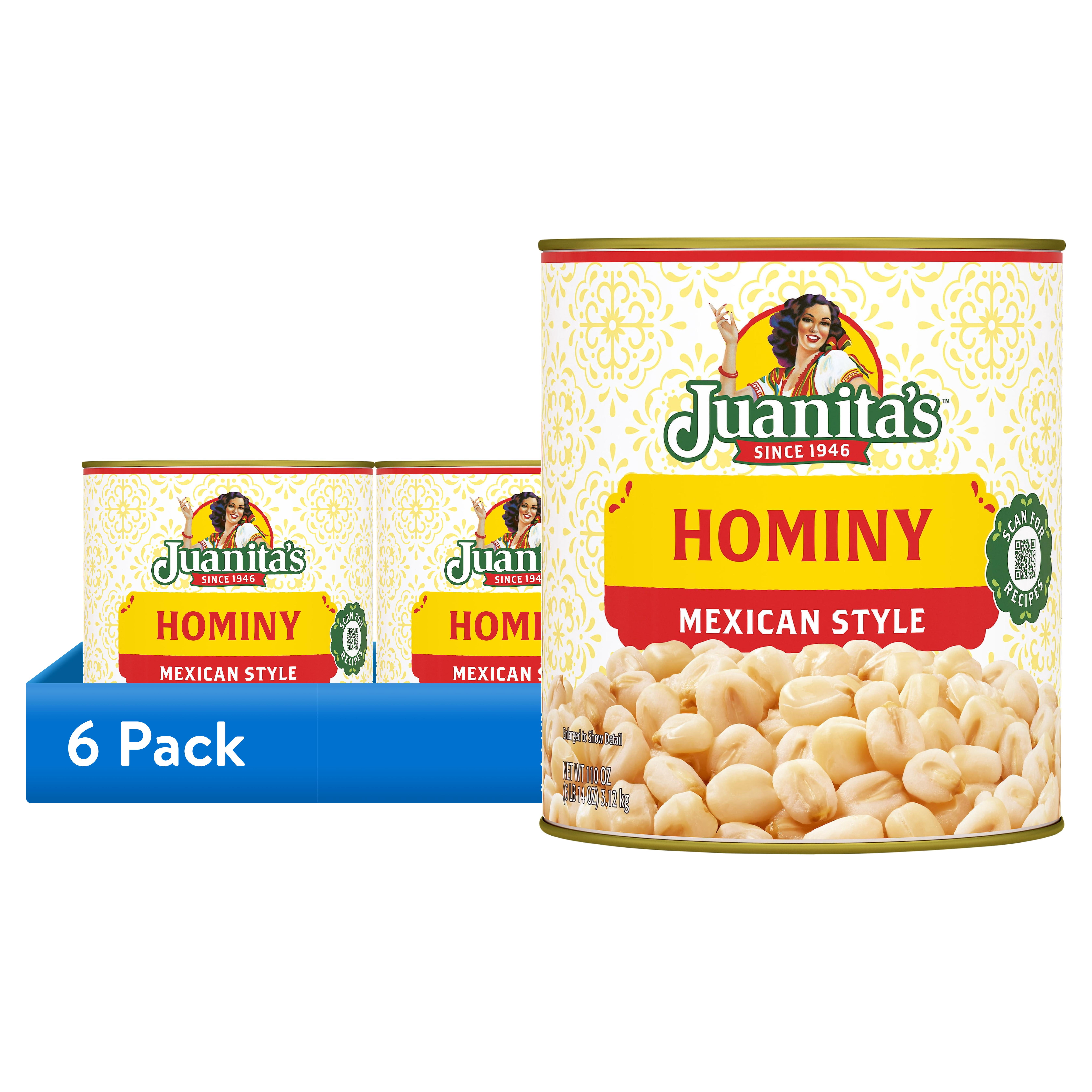 (6 pack) Juanita’s Foods Mexican Style Hominy, 110 oz, Can
