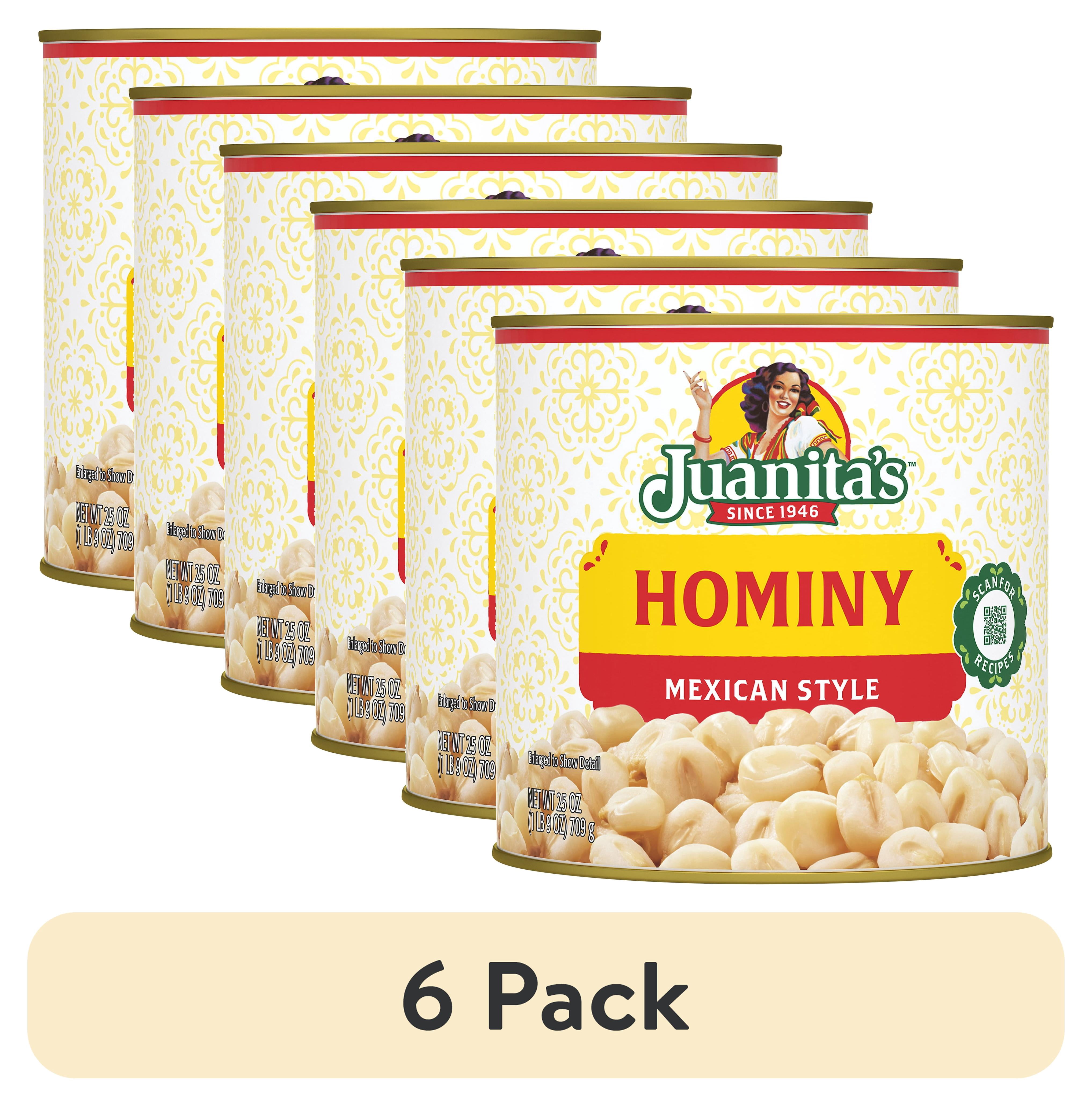 (6 pack) Juanita’s Foods Mexican Style Hominy, 25 oz, Can