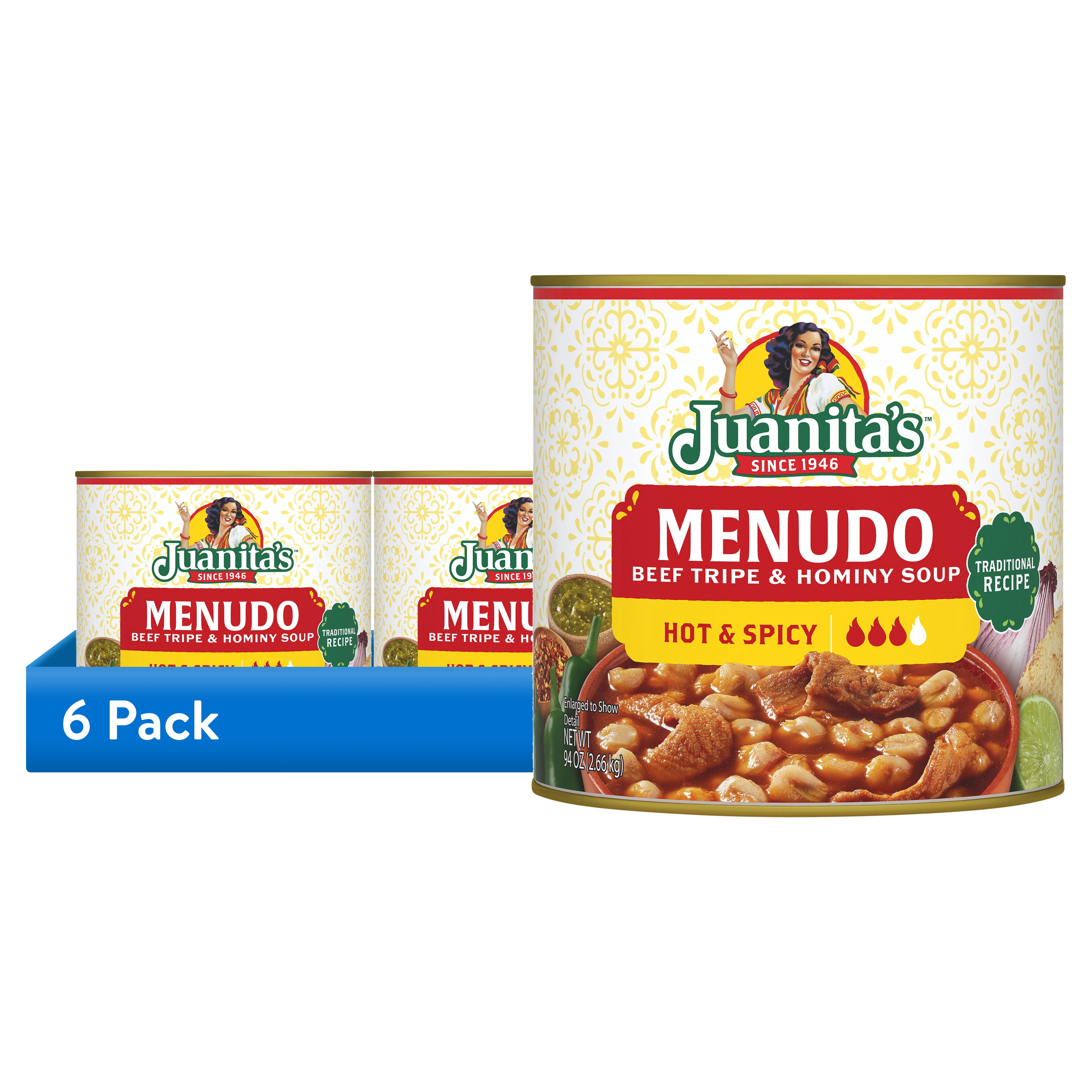 (6 pack) Juanita’s Foods Ready to Serve Hot & Spicy Menudo Soup, 94 oz Can