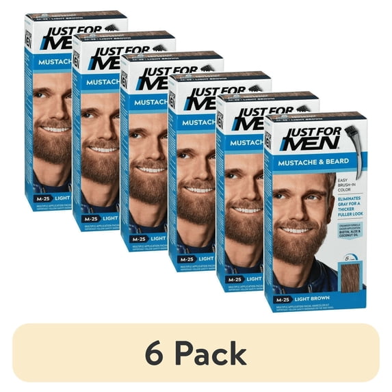 (6 pack) Just For Men Mustache & Beard, Beard Dye for Men with Brush Included for Easy Application, With Keratin Biotin Aloe and Coconut Oil for Healthy Facial Hair - Light Brown, M-25, Pack of 1