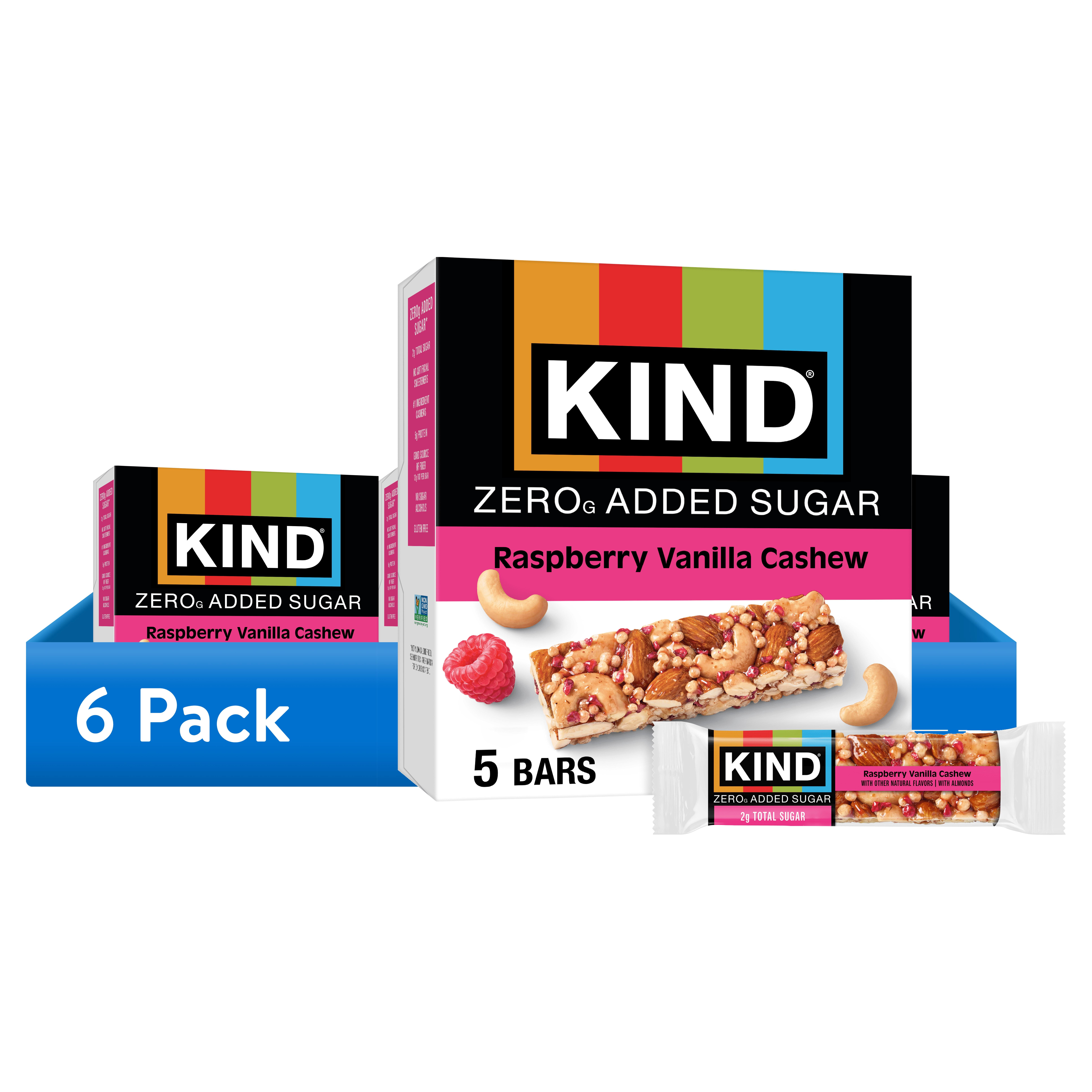 (6 pack) KIND Zero Added Sugar Bars, Raspberry Vanilla Cashew, Gluten Free, High Fiber, 5 Count