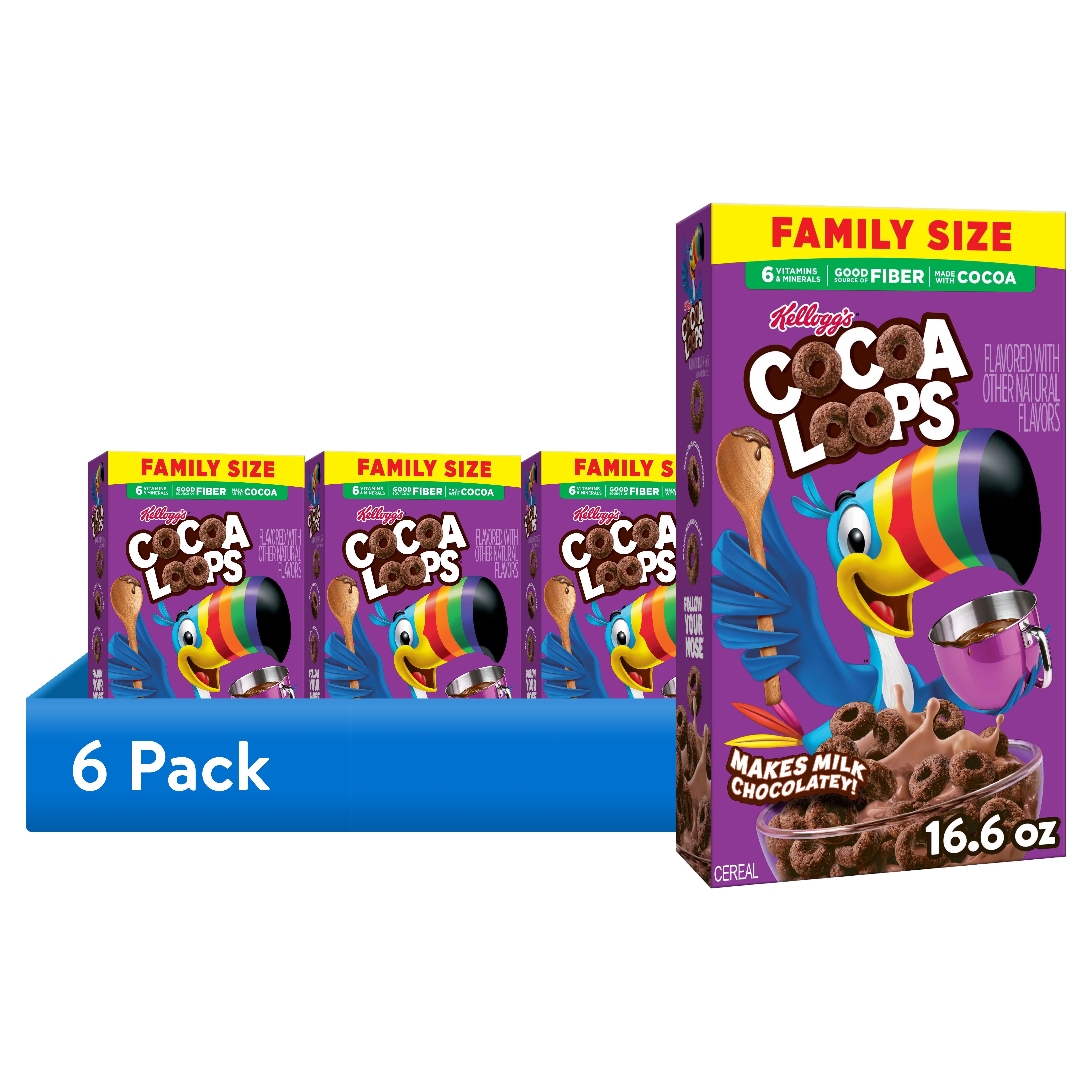 (6 pack) Kellogg's Cocoa Loops Original Breakfast Cereal, Good Source of Fiber, Family Size, 16.6 oz