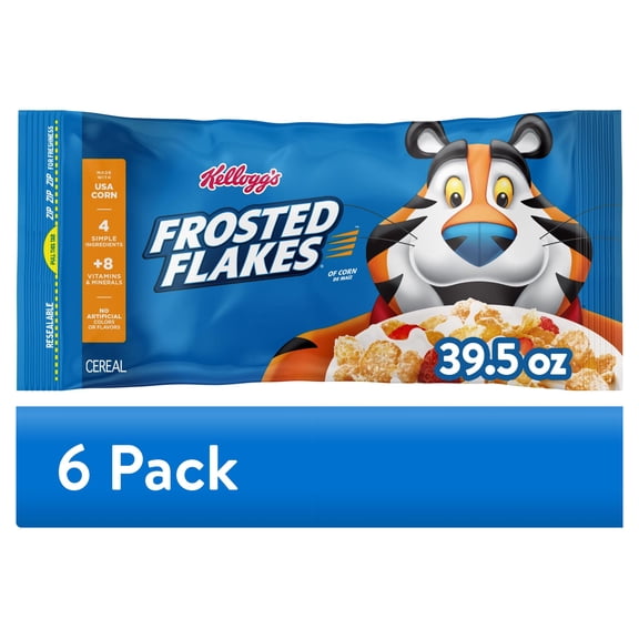 (6 pack) Kellogg's Frosted Flakes Cold Breakfast Cereal, 8 Vitamins and Minerals, Kids Snacks, Original, 39.5oz Bag (1 Bag)