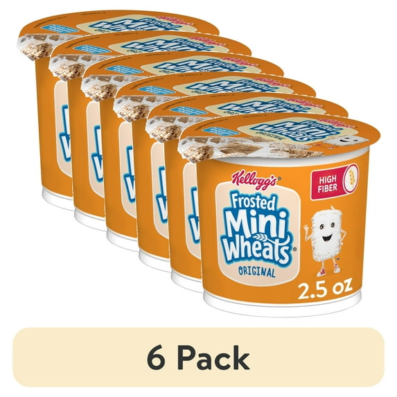 (6 pack) Kellogg's Frosted Mini-Wheats Cold Breakfast Cereal Cup, High-Fiber, Whole Grain, Original, 2.5oz Cup (1 Cup)