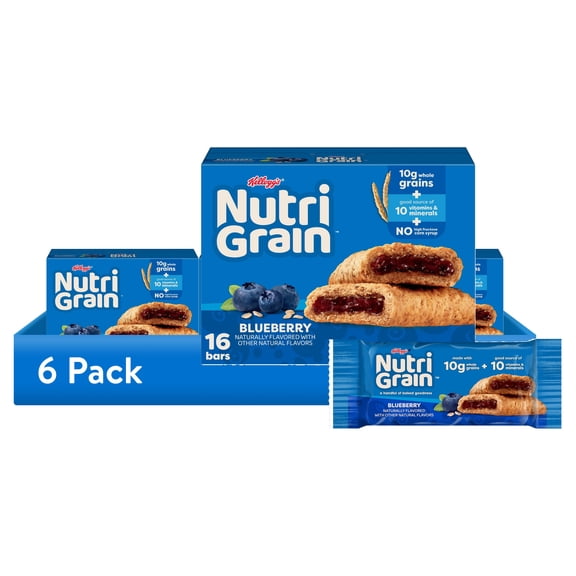 (6 pack) Kellogg's Nutri-Grain Blueberry Chewy Breakfast Bars, Made with 10g Whole Grains, 20.8 oz, 16 Count