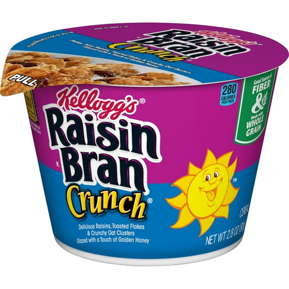 (6 pack) Kellogg's Raisin Bran Crunch Breakfast Cereal Cups, Family Breakfast, Fiber Cereal, Original, 2.8oz Cup (1 Cup)