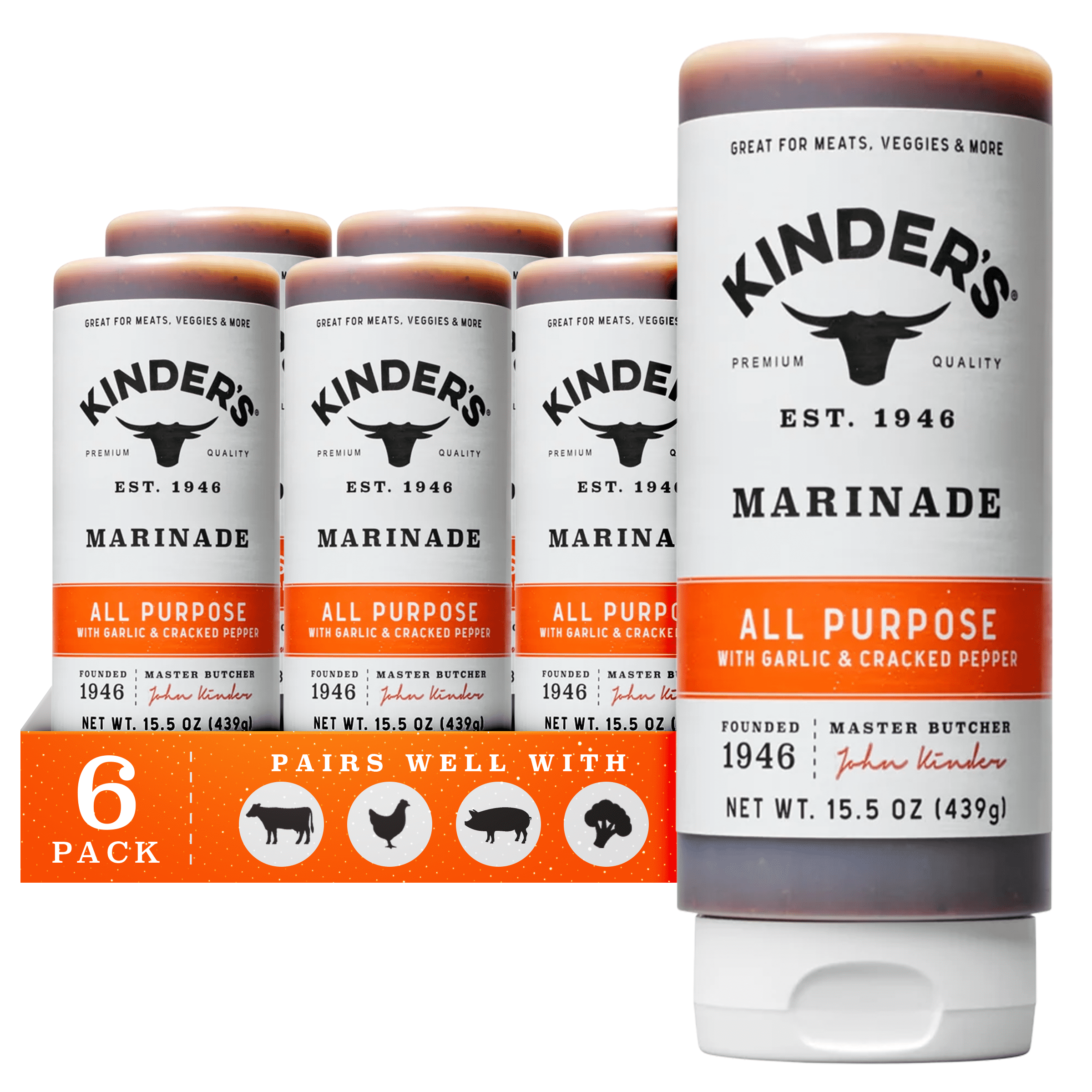 (6 pack) Kinder's All Purpose Marinade for Meat and Vegetables, 15.5 oz Bottle