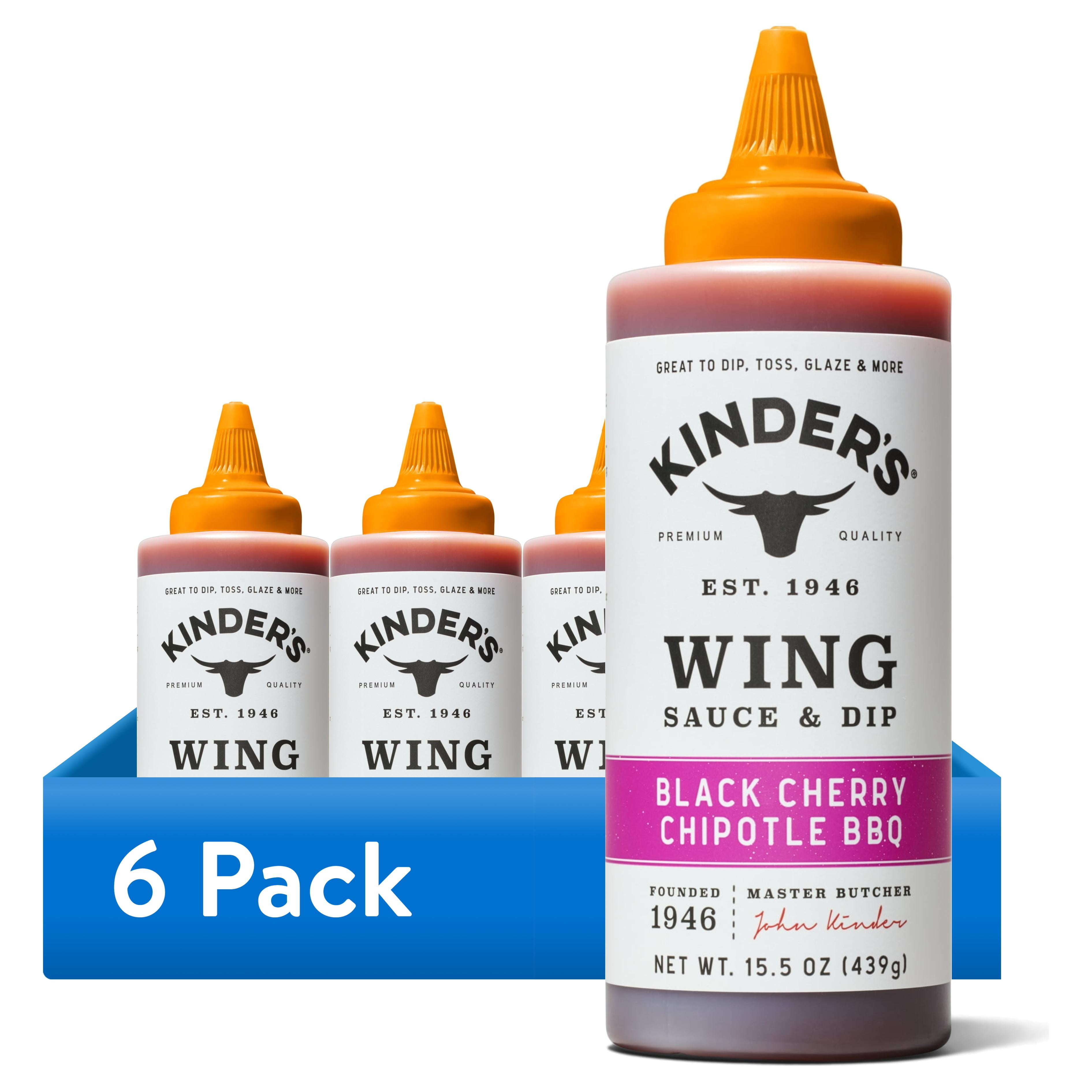(6 pack) Kinder's Black Cherry Chipotle BBQ Wing Sauce and Dip, 15.5 oz Squeeze Bottle