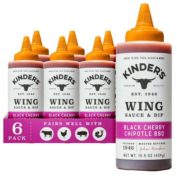 (6 pack) Kinder's Black Cherry Chipotle BBQ Wing Sauce and Dip, 15.5 oz Squeeze Bottle