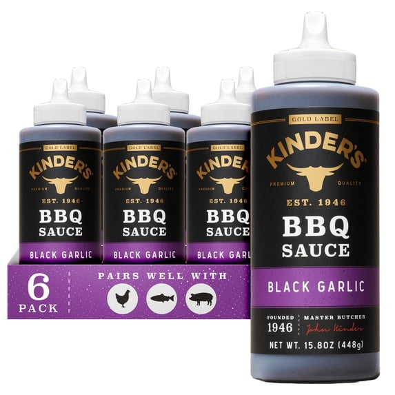 (6 pack) Kinder's Gold Label Black Garlic BBQ Sauce, 15.8 oz Squeeze Bottle
