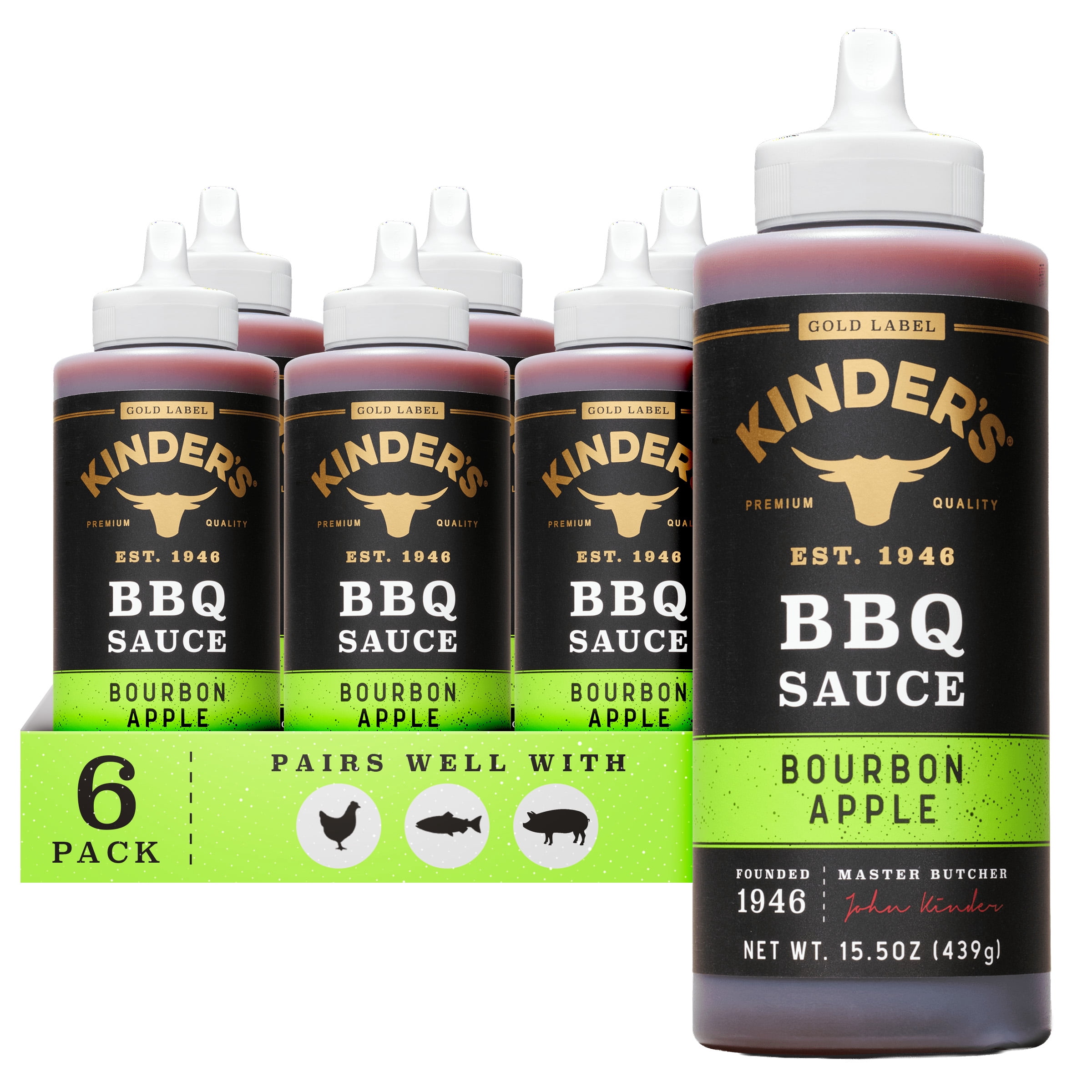(6 pack) Kinder's Gold Label Bourbon Apple BBQ Sauce, 15.5 oz Squeeze Bottle