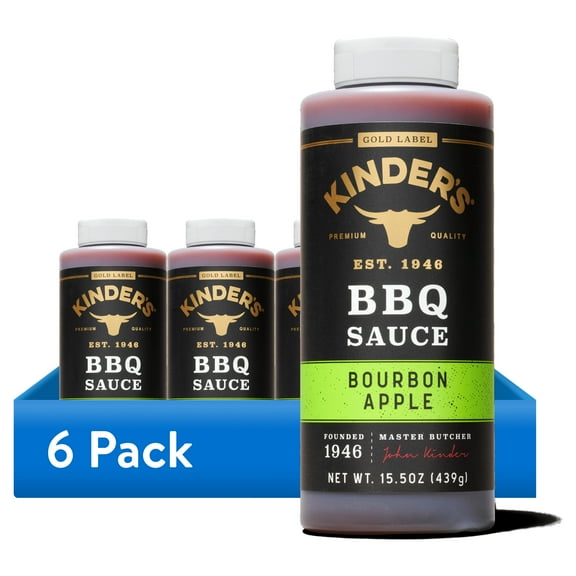 (6 pack) Kinder's Gold Label Bourbon Apple BBQ Sauce, 15.5 oz Squeeze Bottle