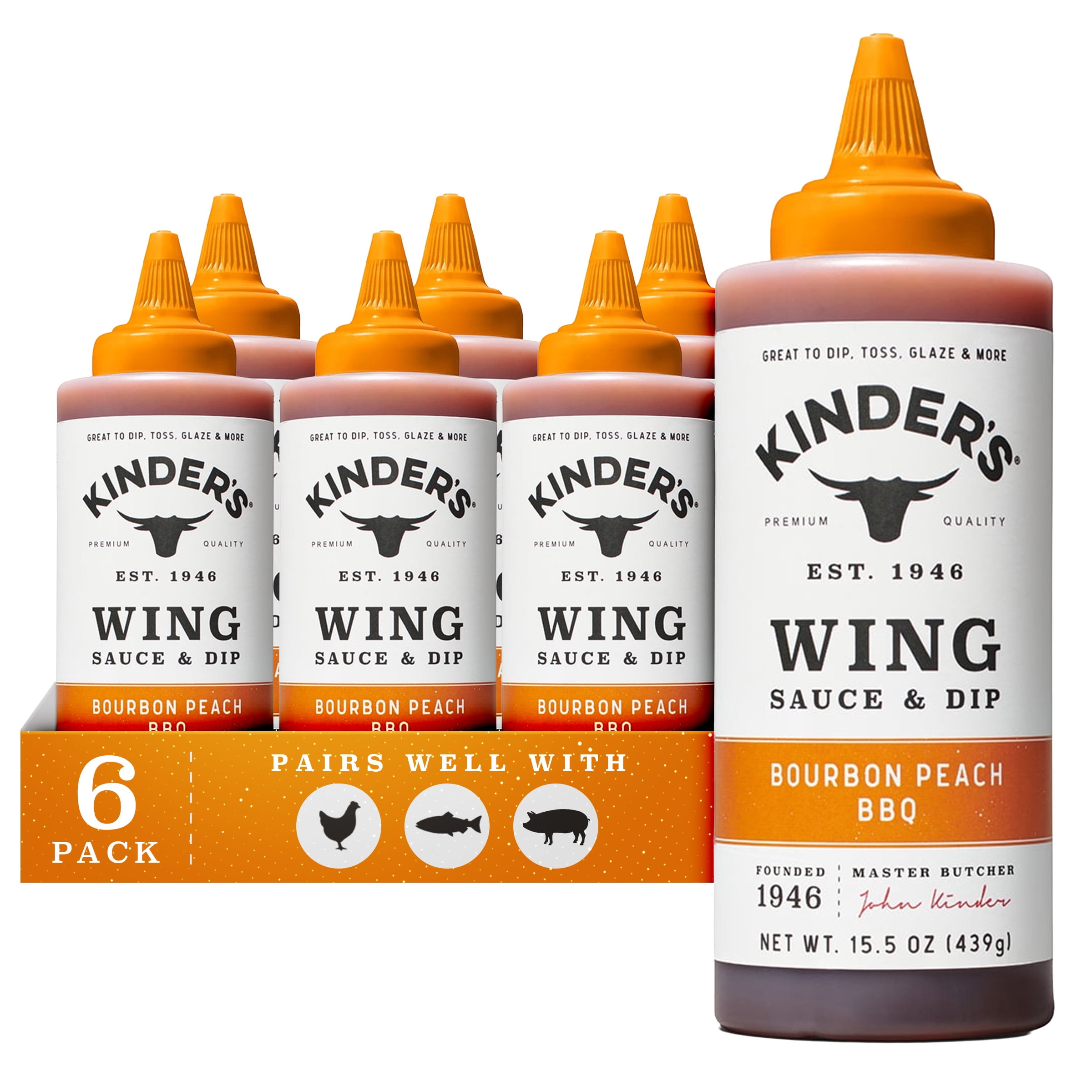 (6 pack) Kinder's Bourbon Peach BBQ Wing Sauce and Dip, 15.5 oz Squeeze Bottle