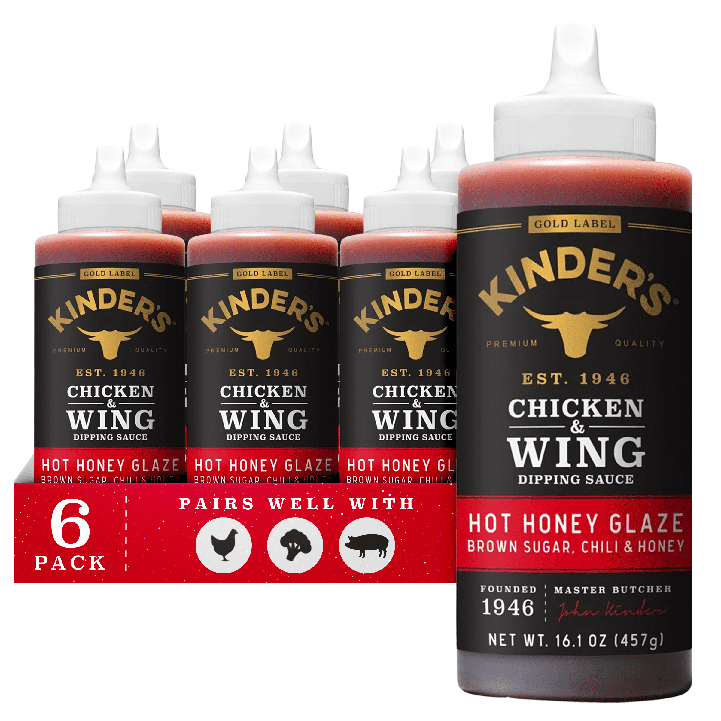 (6 pack) Kinder's Gold Label Hot Honey Glaze Dipping Sauce for Chicken and Wings, 16.1 oz Bottle